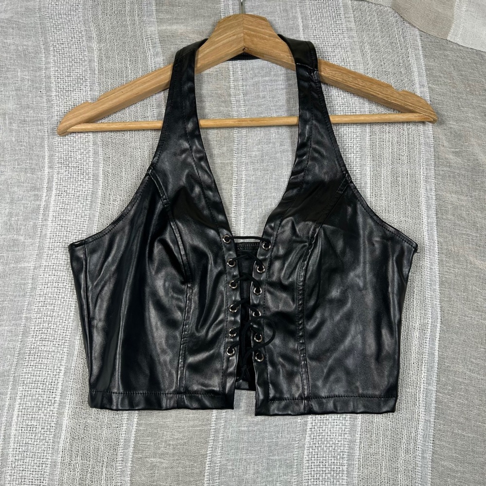 SHEIN Halter Top Women Small Black Faux Leather Lace Up Front Cropped Edgy Goth